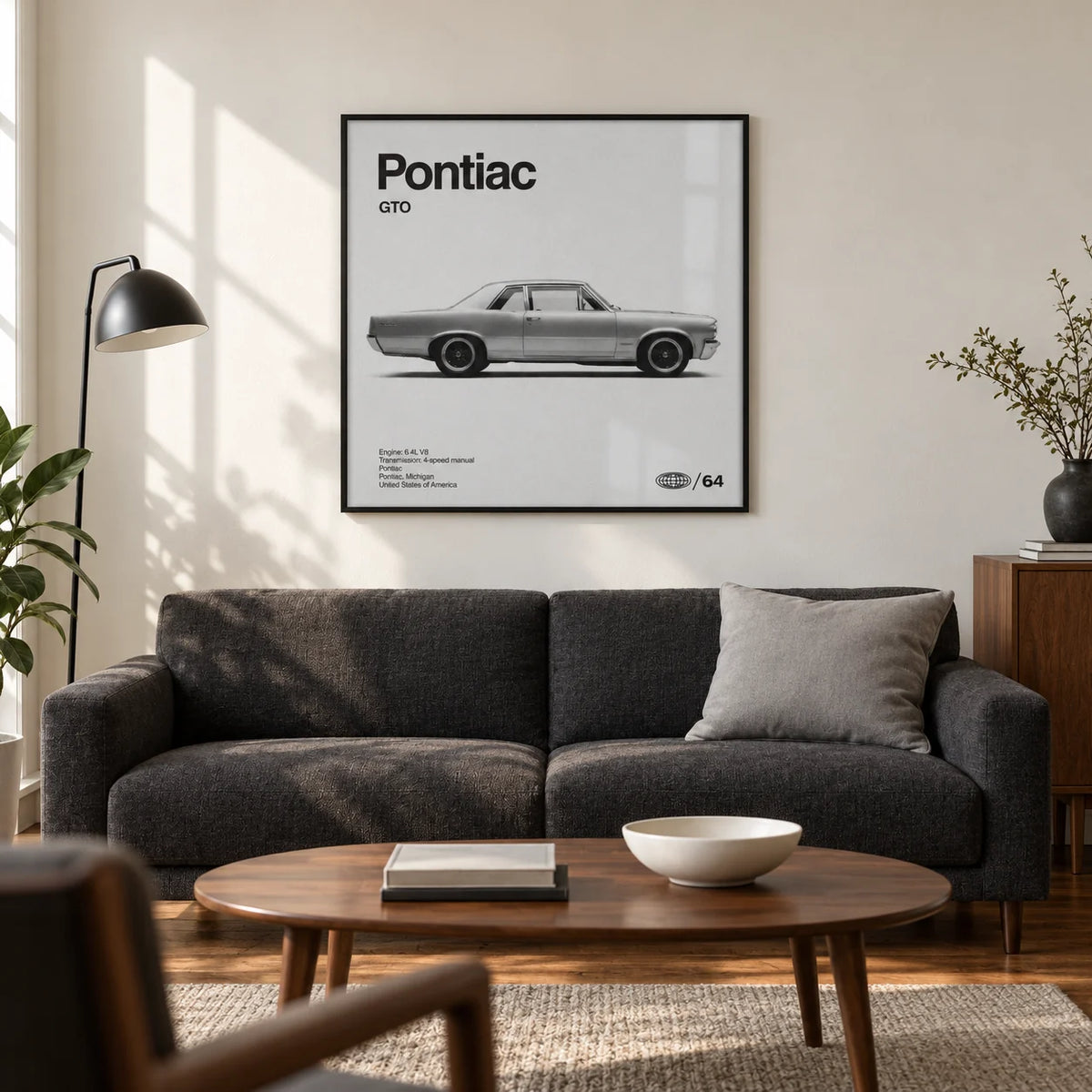 1960s Muscle Car Wall Art, framed on the wall of a mid-century inspired living room in a UK flat with a warm white wall and walnut floor