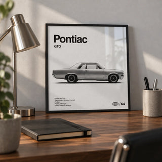 1960s Muscle Car Wall Art, a small A4 framed print leaning on a walnut desk