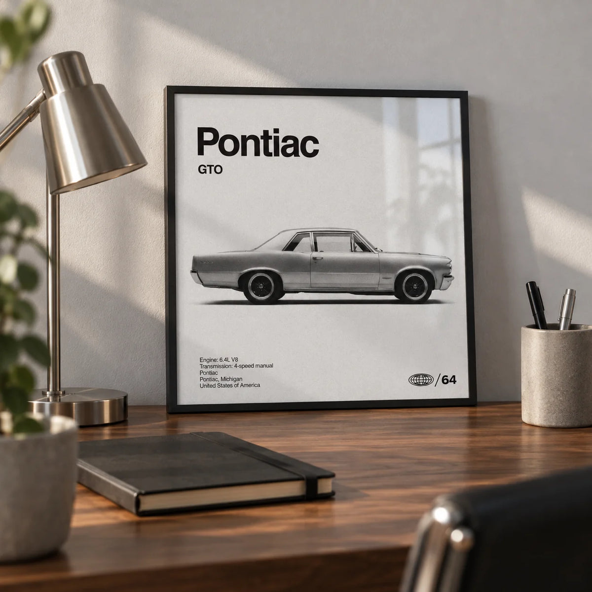1960s Muscle Car Wall Art, a small A4 framed print leaning on a walnut desk