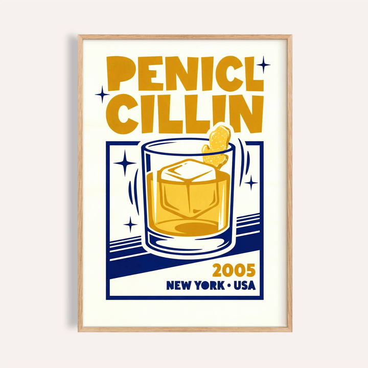 Framed print of Penicillin Drink Poster with a blue and gold illustration and bold typography