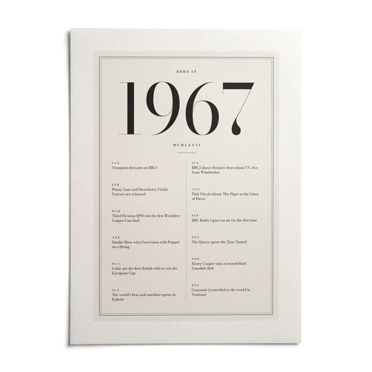 1967 Birthday Print, shown as an unframed paper print on a plain white background
