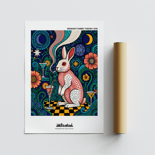 Colourful rabbit art print showing a white and red rabbit smoking next to a cocktail by a brown packaging tube