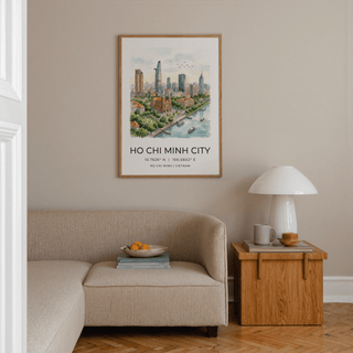 Ho Chi Minh City wall art watercolour skyline above a beige sofa and wooden side table with lamp