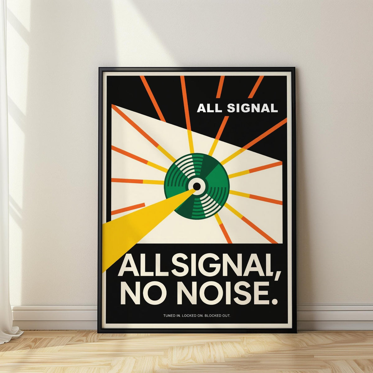 Print on a wall of a signal radar design with green and orange lines leaning on a wooden floor