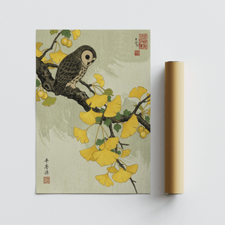 Owl and Ginkgo Print with yellow ginkgo leaves and an owl perched on a branch with a packaging tube next to it