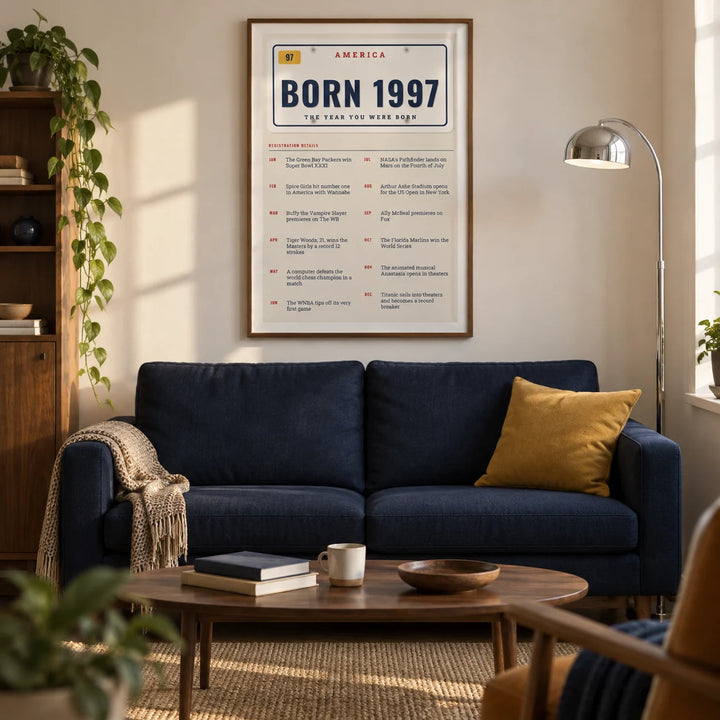 1997 License Plate Print, framed on the wall of a modern living room in a UK first flat for an adult aged 28-30