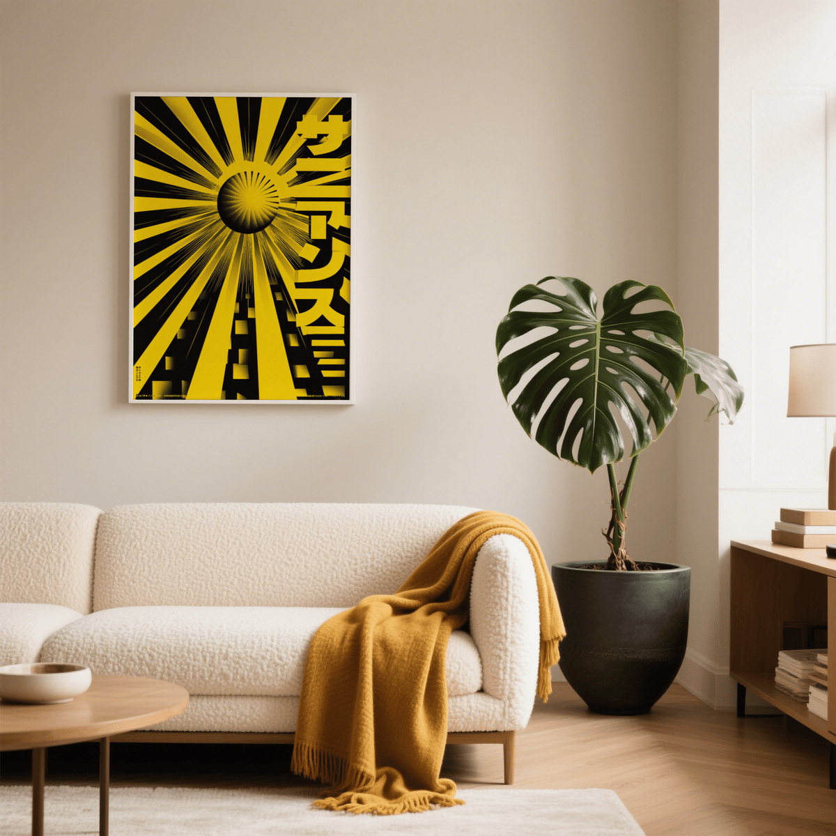 Print on a wall of a geometric sun with bold yellow and black rays above a cream sofa with a yellow throw