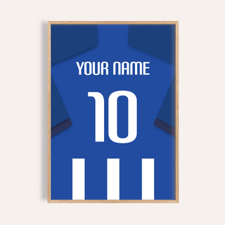 Football Shirt Poster in Blue and White Stripes with Dark Blue Sleeves