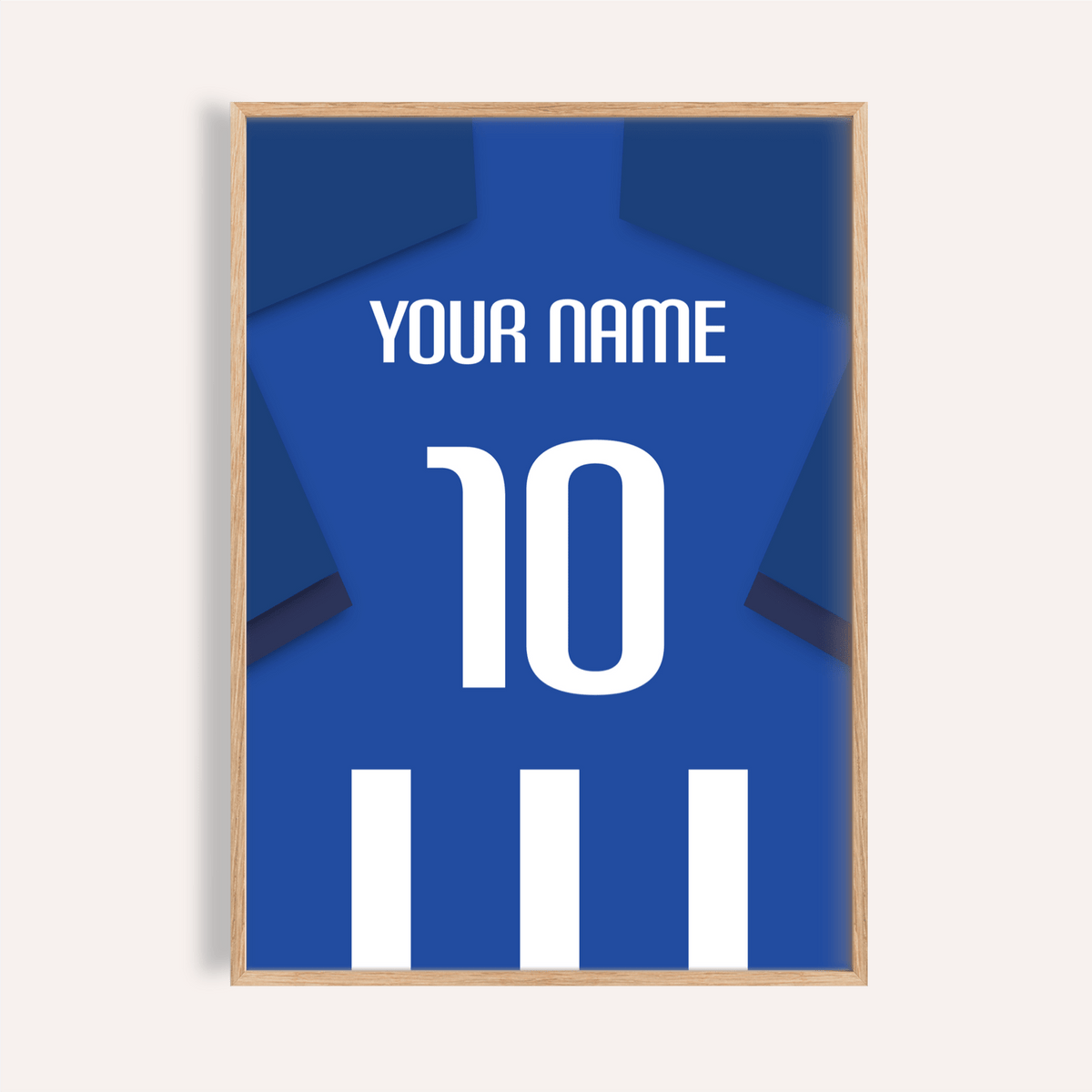 Football Shirt Poster in Blue and White Stripes with Dark Blue Sleeves showing the back with custom name and number