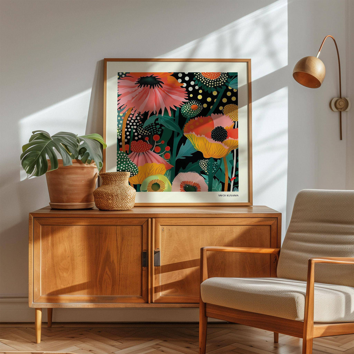 Floral wall hanging of a colourful stylised flower bouquet with pink and yellow blooms above wooden cabinet with plant