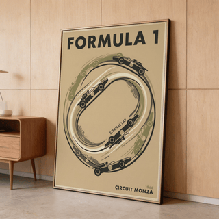 Vintage style motorsport poster with bold headline and track outline in neutral tones