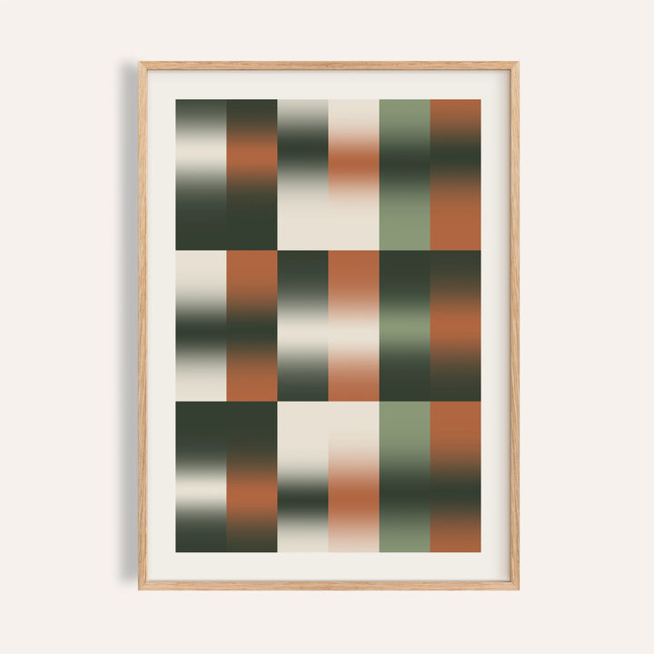 Sage grid print with soft tiles fading between forest green, cream and terracotta