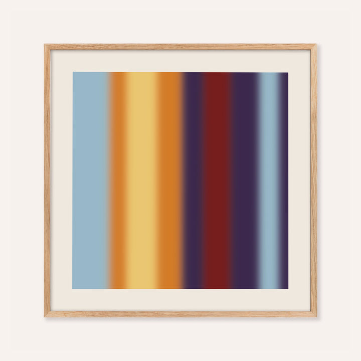 Striped print with nine soft stripes of plum, red, orange, yellow and sky blue
