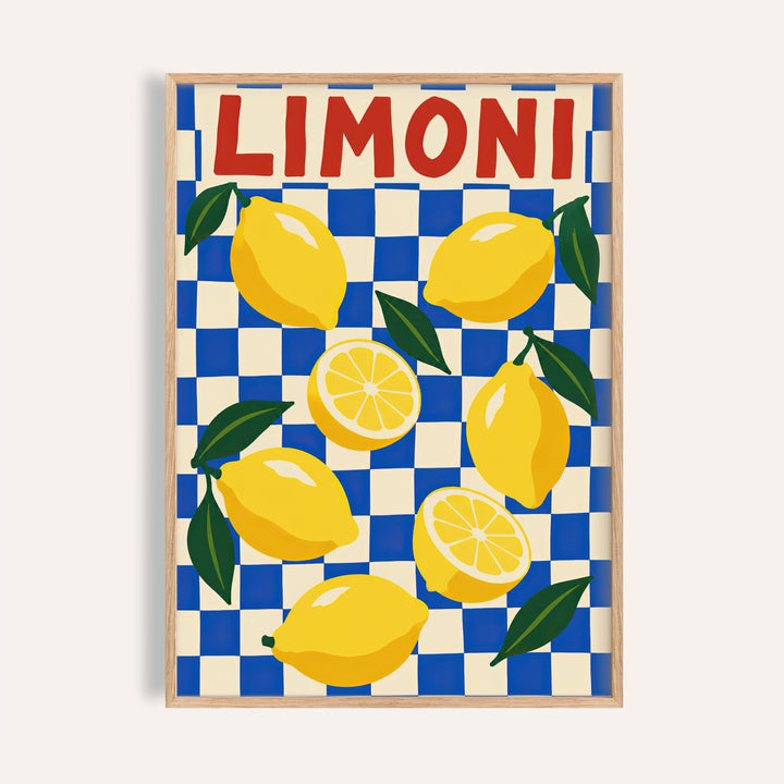 Limoni Checkerboard print with LIMONI lettering and lemons on a cobalt blue checkerboard