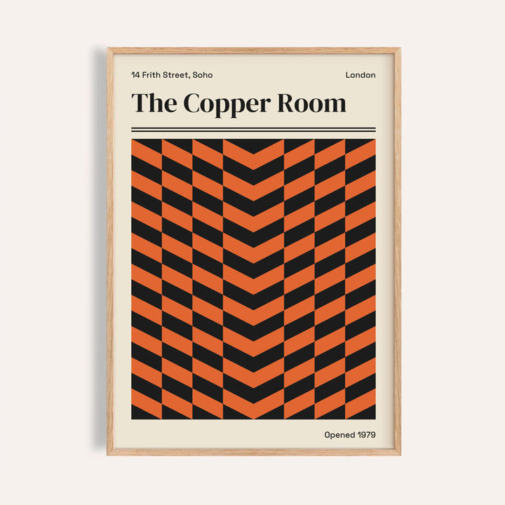 Retro London poster of The Copper Room with orange and black chevron stripes
