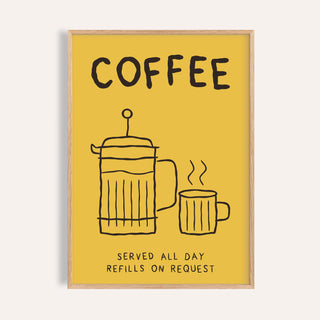 Coffee bar wall art of a dark line drawing of a cafetiere and striped mug on yellow under the word COFFEE