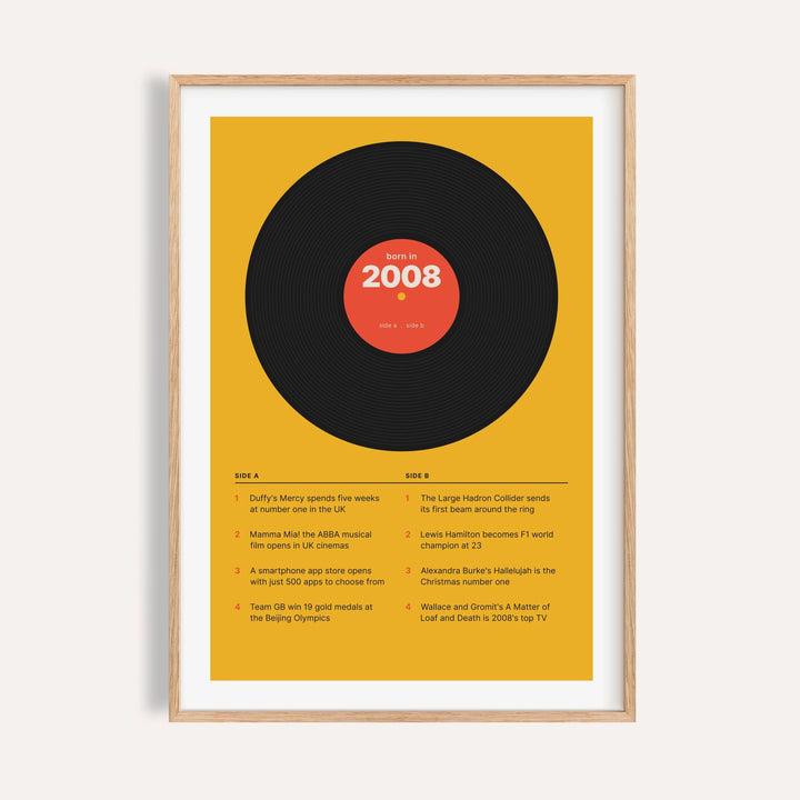 2008 print styled as a vinyl record on mustard on a plain warm wall