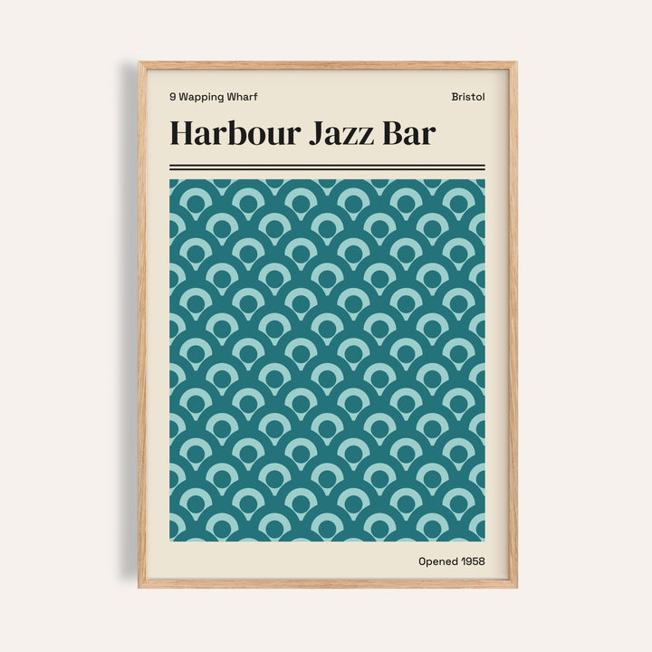 Bristol print of Harbour Jazz Bar with rows of teal and pale aqua scallops