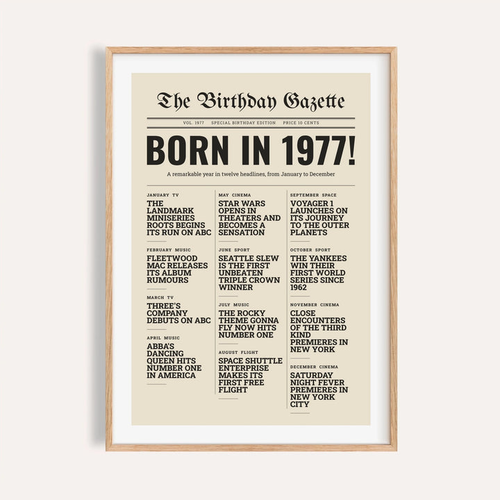 1977 print styled as a newspaper front page on a plain warm wall