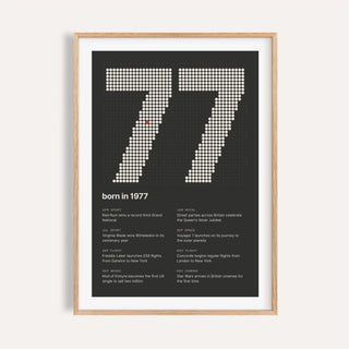 1977 print with the year built from cream dots on a plain warm wall