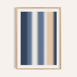 Blue and cream wall art with seven soft stripes of navy, slate blue and sand