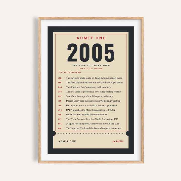 2005 print styled as an Admit One ticket on a plain warm wall