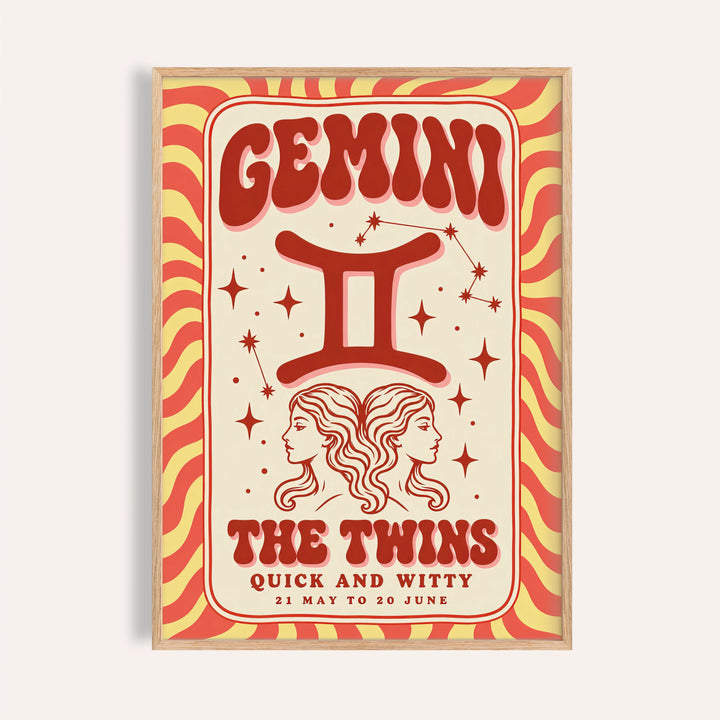 Gemini poster with melty GEMINI lettering, two line drawn faces and coral stripes