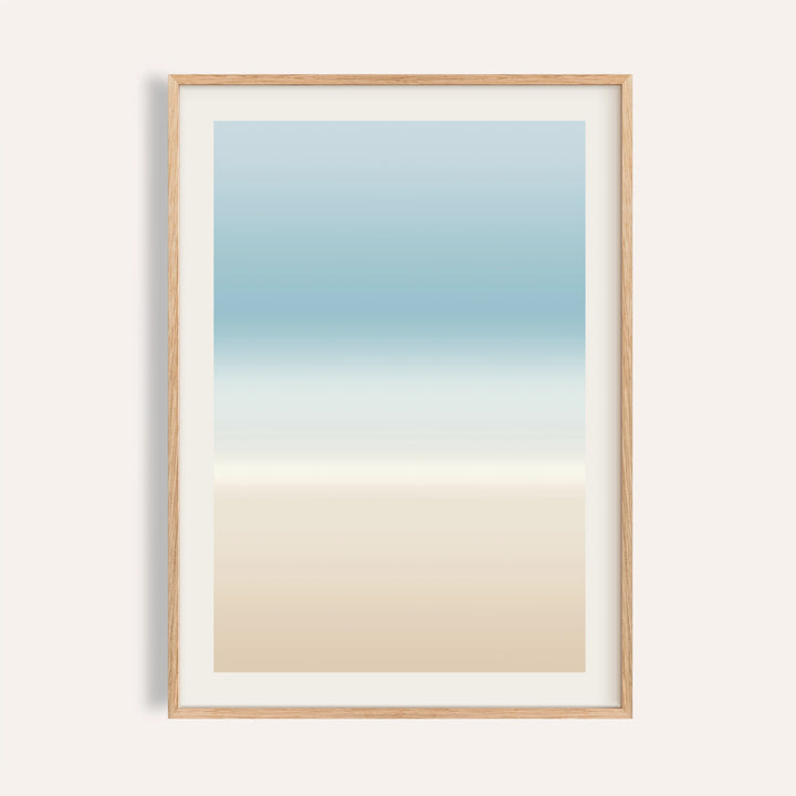 Pale blue wall art fading from soft blue through misty white to sand