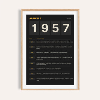 1957 print styled as a split flap arrivals board on a plain warm wall