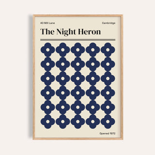 Cambridge print of The Night Heron with navy quatrefoil flowers on cream