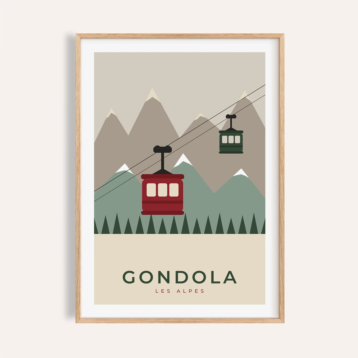 Red alpine gondola print shown on a plain warm wall