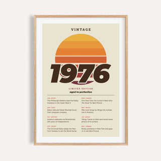 Vintage 1976 print with a retro striped sunset on a plain warm wall