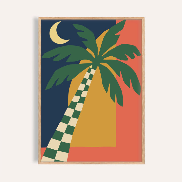 Palm tree print with a checked trunk shown on a plain warm wall