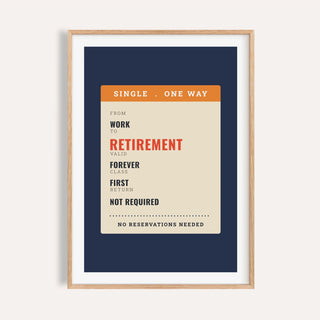 One way ticket retirement print shown on a plain warm cream wall