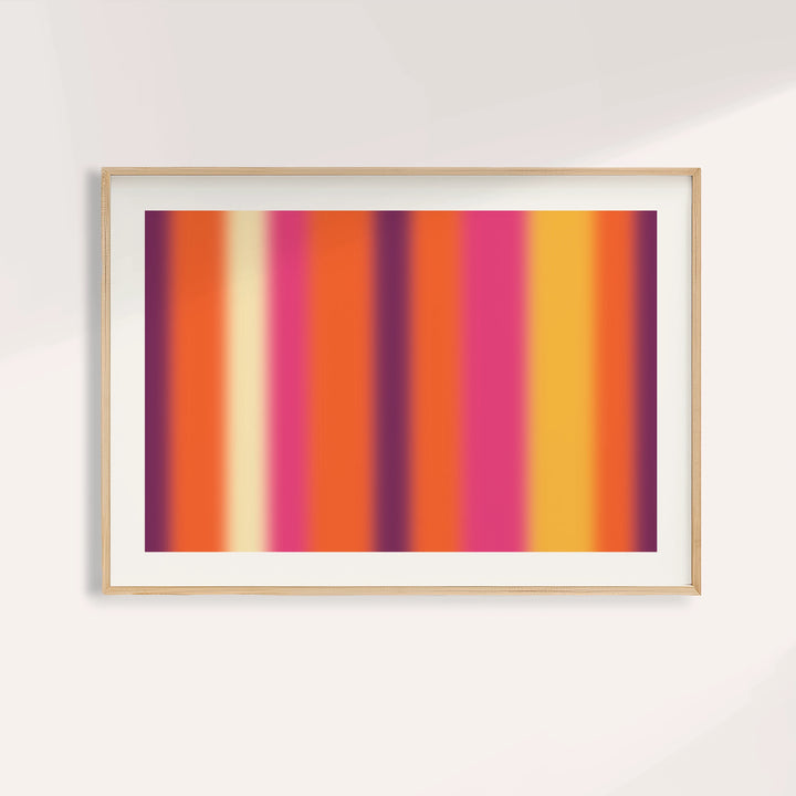 Retro sunset print with soft vertical stripes of orange, pink and plum