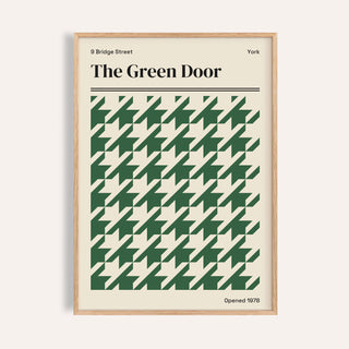 York poster of The Green Door with a large green houndstooth pattern on cream