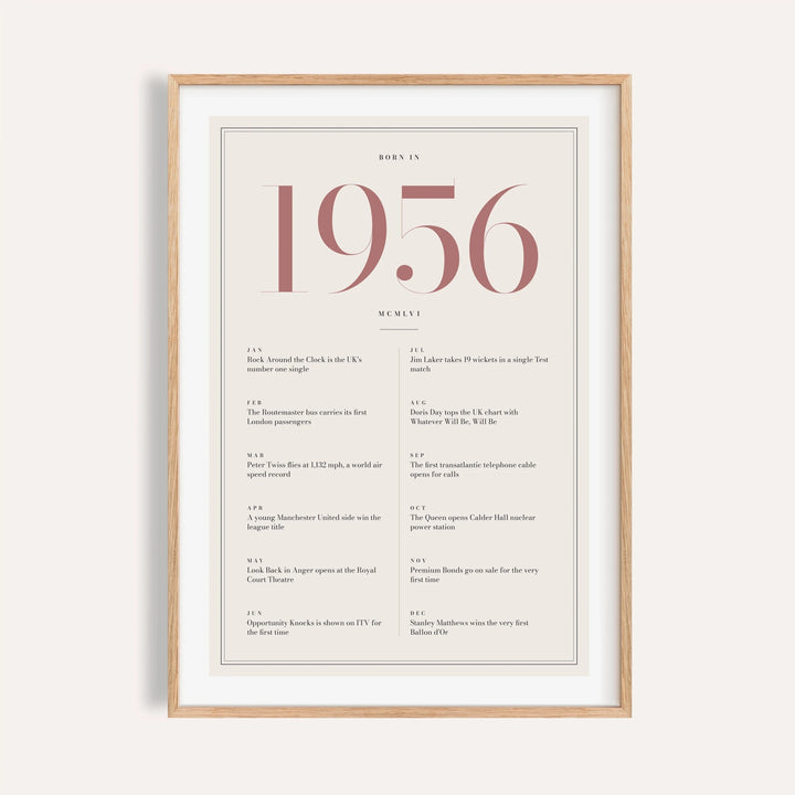 1956 year print with dusty rose numerals on cream on a plain warm wall