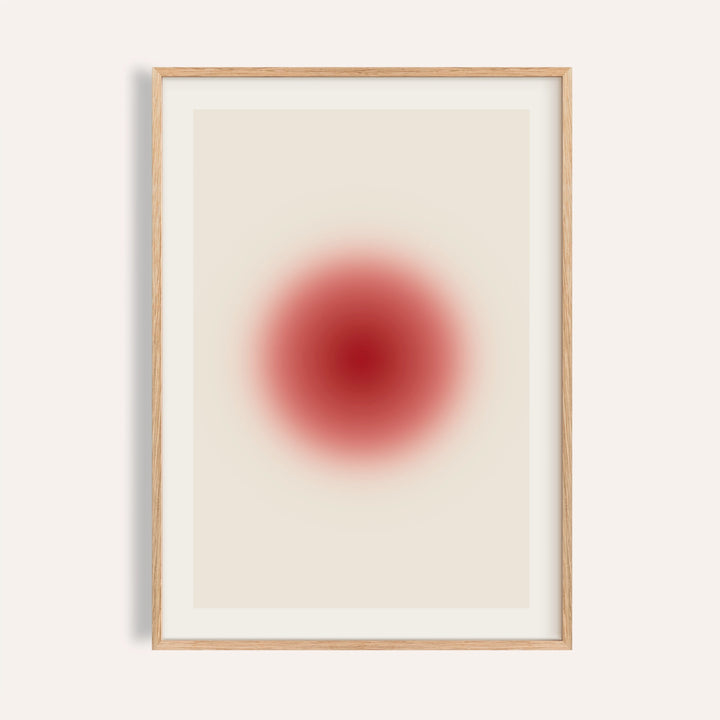 Orb print with a soft cherry red orb on a tall warm cream sheet