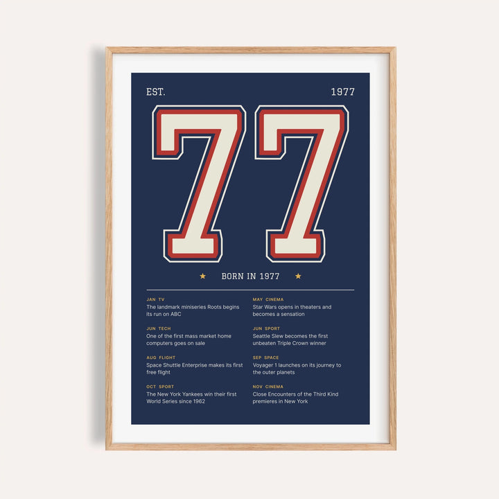 1977 print with a stitched varsity number on a plain warm wall