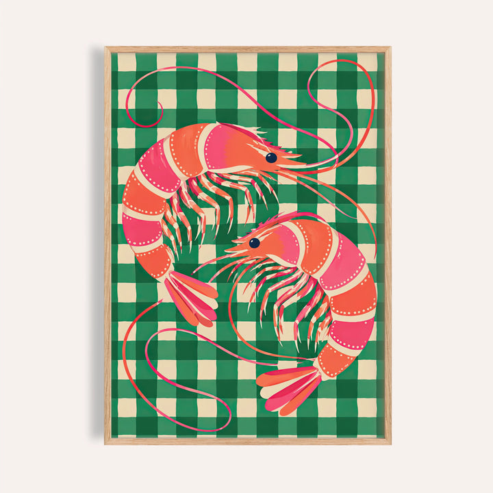 Shrimp poster with two curled pink prawns on an emerald gingham check