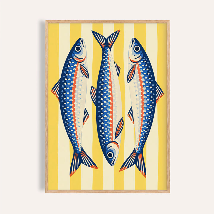 Three Sardines print with three blue sardines head to tail on yellow stripes