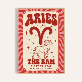 Aries print with melty ARIES lettering, a line drawn ram and wavy red and pink stripes