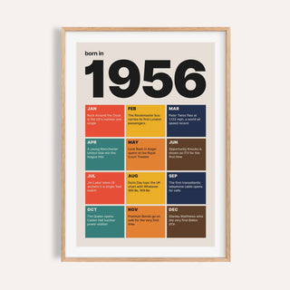 1956 print with twelve coloured month tiles on a plain warm wall