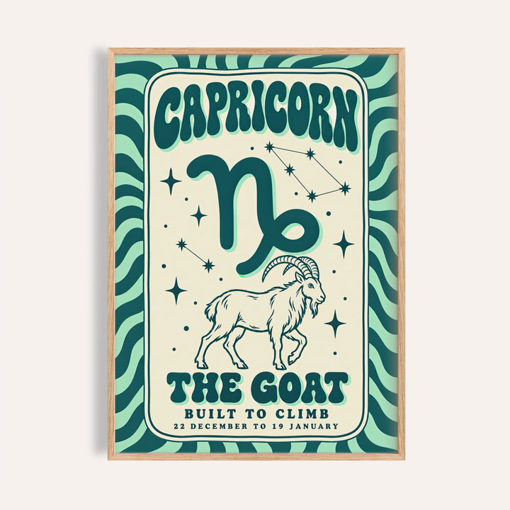 Capricorn print with melty CAPRICORN lettering, a mountain goat and teal stripes