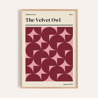Vintage Bath poster of The Velvet Owl with burgundy quarter circles on blush pink