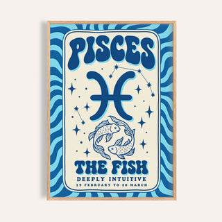 Pisces wall art with melty PISCES lettering, two circling fish and aqua stripes