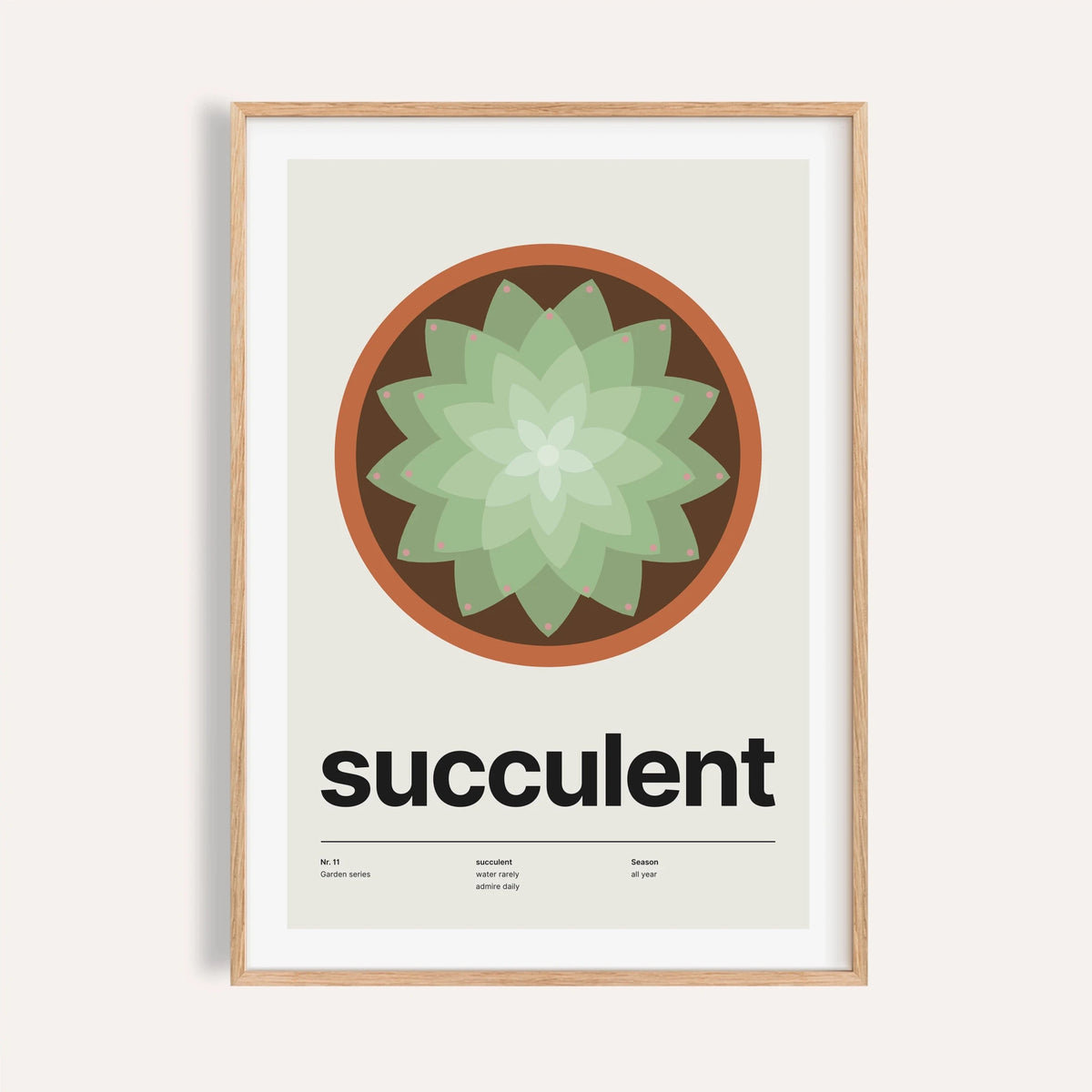 Succulent rosette print shown on a plain warm cream wall