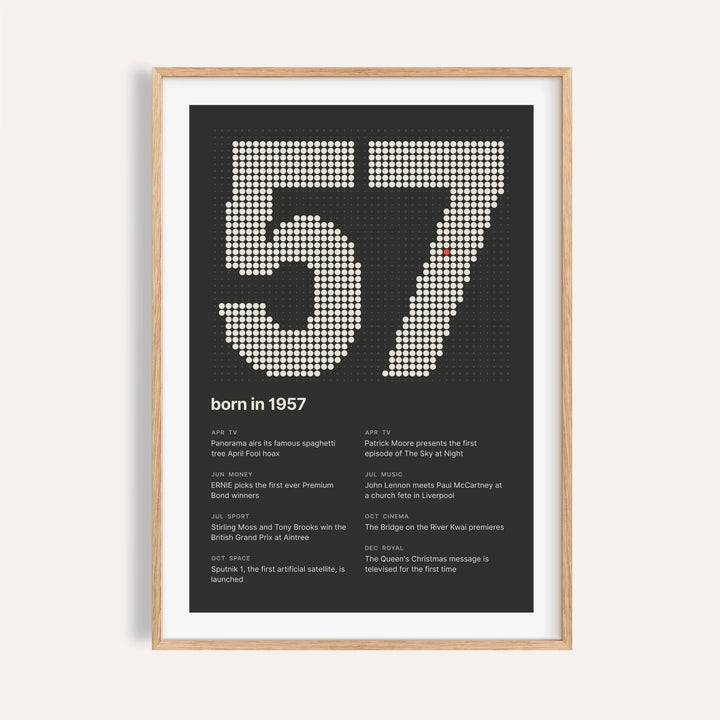 1957 print with the year built from cream dots on a plain warm wall