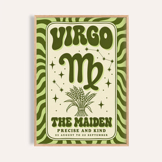 Virgo print with melty VIRGO lettering, a wheat sheaf and olive green stripes