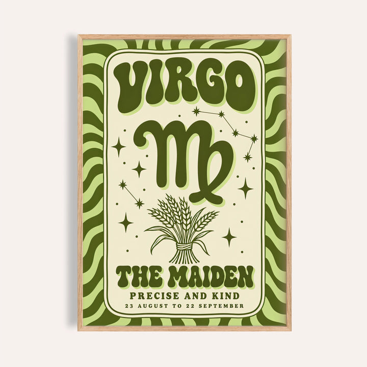 Virgo print with melty VIRGO lettering, a wheat sheaf and olive green stripes